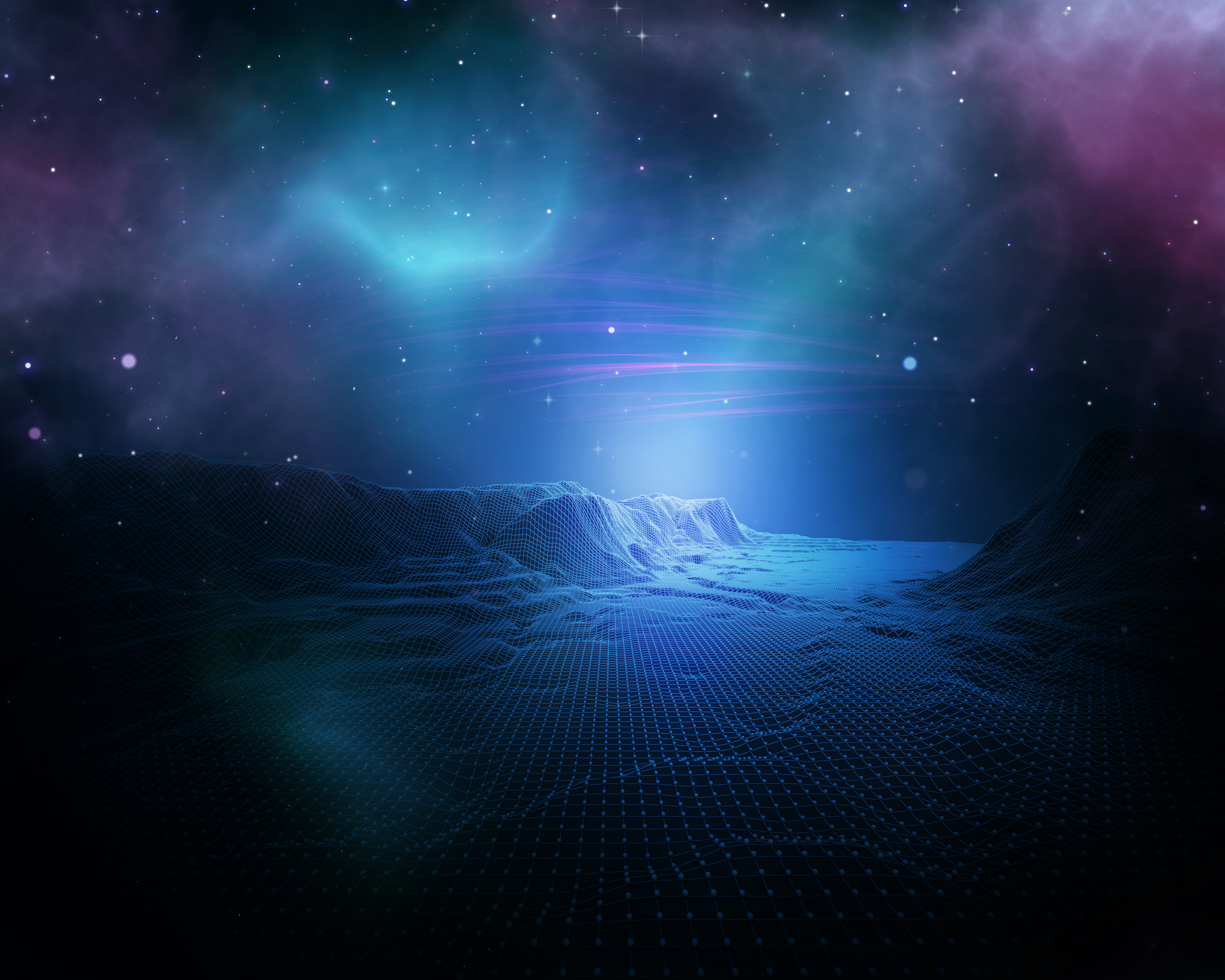 3D render of an abstract space background with wireframe landscape